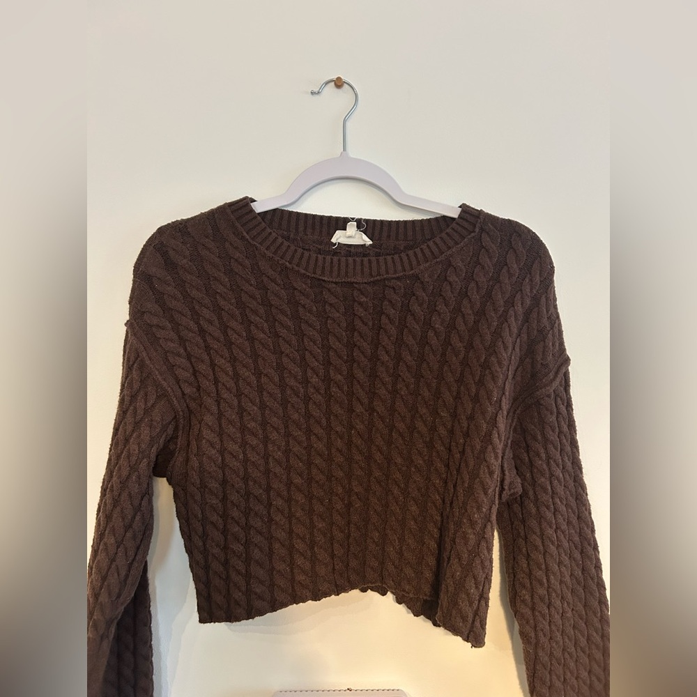 Cropped Brown Cable Knit Sweater